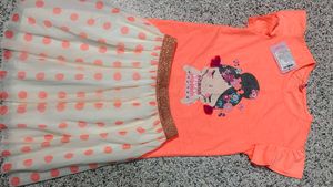 Cute Girls Orange T-Shirt and Polka Dot Skirt Set