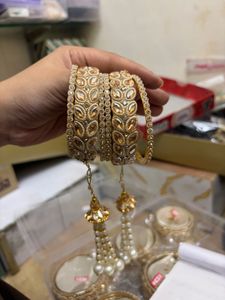 Champagne Stone Bridal Kada Set with Pearl Latkan