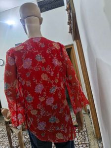 Red Chiffon Floral Asymmetric Top with Lycra Linin