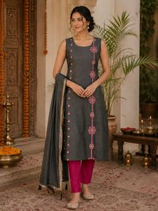 Elegant Grey Kurta Set with Pink Embroidery