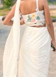 Elegant White Saree with padded Floral Blouse