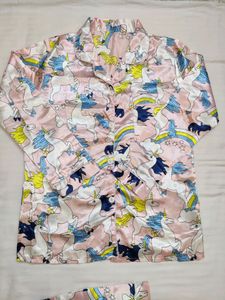 Unicorn printed baby pink, satin nightsuit set.