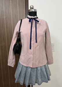 Chic Pink Bow Neck Long Sleeve Blouse