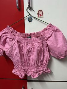 Pink Off-Shoulder Puff Sleeve Crop Top