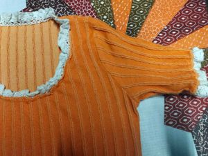 Orange Ribbed Top with Lace Tr