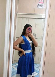Blue A-line Dress with Silver Belt