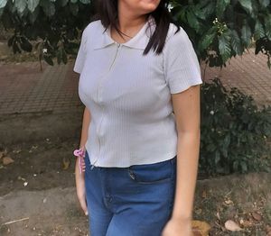 Ribbed Zip-Up Collared Top