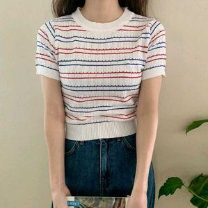 Korean Striped Cropped Knit Top