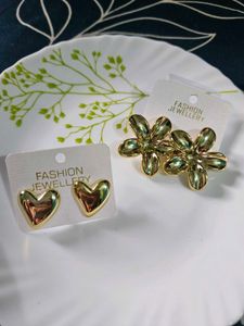 Gold Heart & Flower Earrings Set