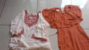 White Kurta with Red Embroidery and orange kurti