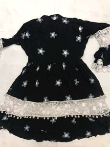 Black Kurta with White Floral Print