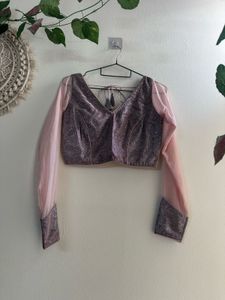 Sparkling V-Neck Blouse with Sheer Sleeves