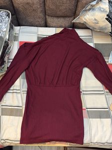 Maroon Ribbed Long Sleeve Dress