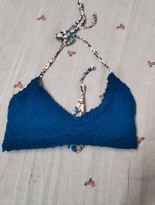 Blue Crochet Halter Bikini Top