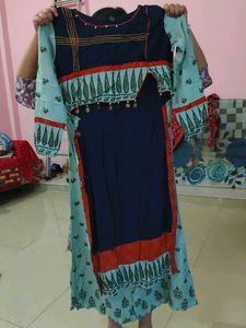 Blue Cotton Kurta with Yellow Embroidery