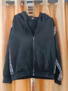 Black Zip-Up Hoodie with Plaid Accents unisex