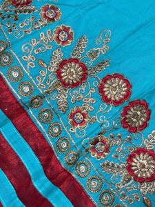 Turquoise &amp; Red Embroidered Anarkali Gown