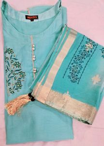 Teal Blue Soft Fabric Kurti With Long Heavy Dupatt