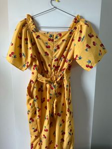 Mustard Yellow Cherry Print cropped Jumpsuit