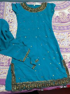 Elegant Teal Embellished Kurti with Churidar