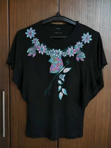 Chic Black Butterfly &amp; Floral Embroidered Top