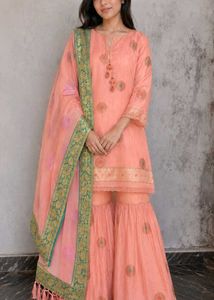 Peach Kurta Set with Sharara and Dupatta