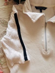 Ribbed Zip Polo Top with Stripe Detail