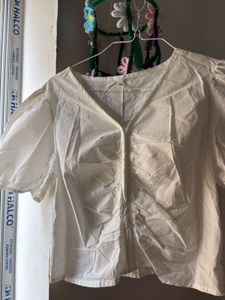 White Puff-Sleeve Ruched Blouse