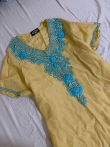 Elegant Yellow Kurta with Blue Embroidery