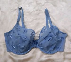 Blue Embroidered Lace Bra