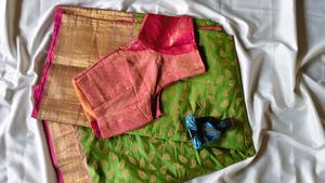 Vibrant Green Saree with Pink Border