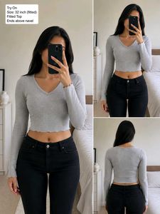 Grey V-Neck Long Sleeve Top