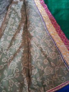 Green And Beige Kundan Work Jute Saree