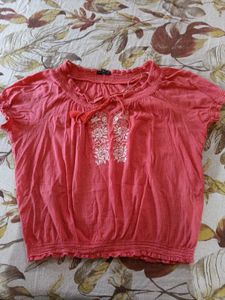 Coral Embroidered Tie-Neck top