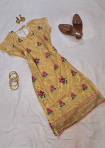 Elegant Golden Floral Embroidered Suit