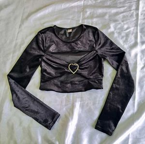 H&amp;M Black Velour Cut-Out Top