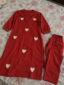 Red Heart Embroidered Cotton Kurta  Set