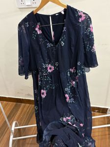 Indigo blue Floral Ruffle hem Midi Dress