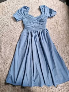 Sky Blue Puff Sleeve Midi Dress With pocket