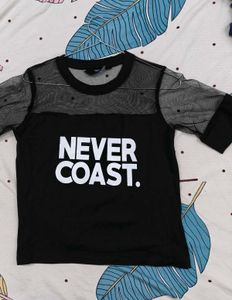 Black Sheer Mesh Top with "NEVER COAST" Print