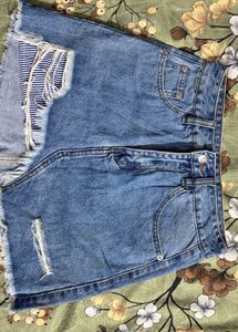 Distressed Denim Shorts with Striped Underlay