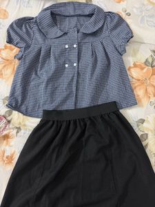 Cute Gingham Top & Black Skirt Set