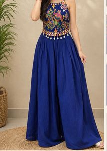 New Blue Crop Top & flared Plazo Set Navratri