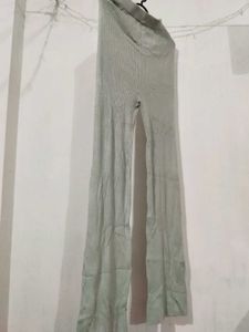 Women's Light Grey Ribbed Knit Flared Pants