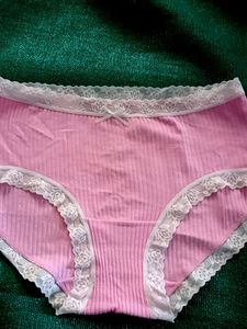 Cute Pink Ribbed Cotton Briefs with Lace Trim
