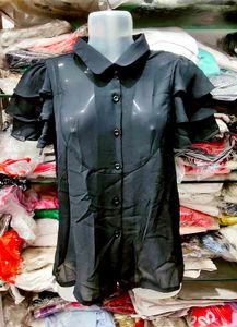 Sheer Ruffle Sleeve Button-Up Shirt
