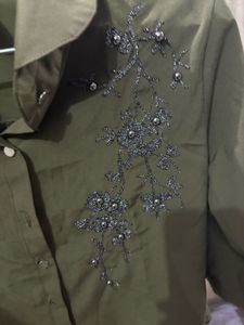 Olive Green Embroidered Button-Up Shirt