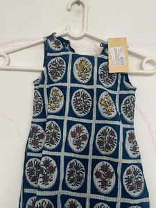Blue Block Print Kurta with Tassels