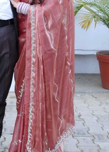 Elegant Rose Gold Saree with Silver Embellishments