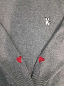 Cute Cat Embroidered Gray Sweater